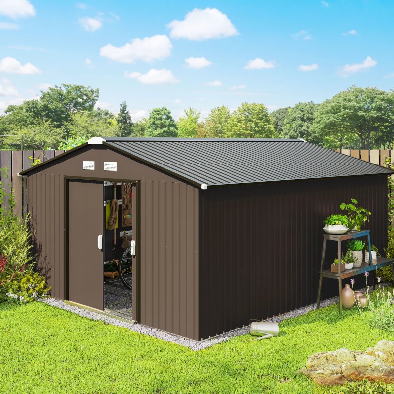 11' x 13' Garden Storage Shed - Metal Tool Storage House, Foundation Kits Included, Brown