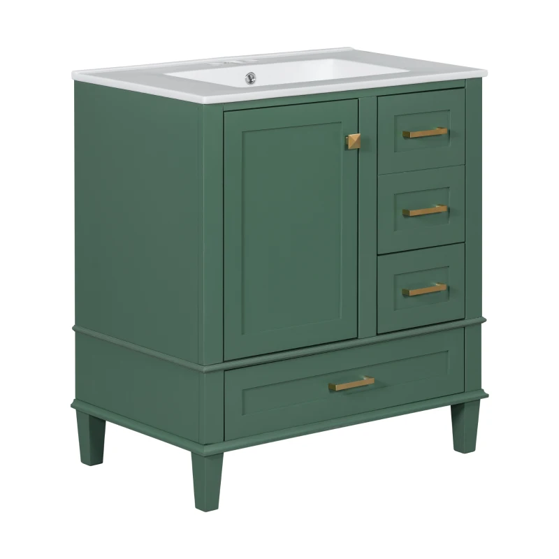 Modern Bathroom Vanity with 3 Drawers, Soft Close Door, Sink Combo, Storage Cabinet with Wood Frame, 30" L x 18" W x 34" H, Green+White