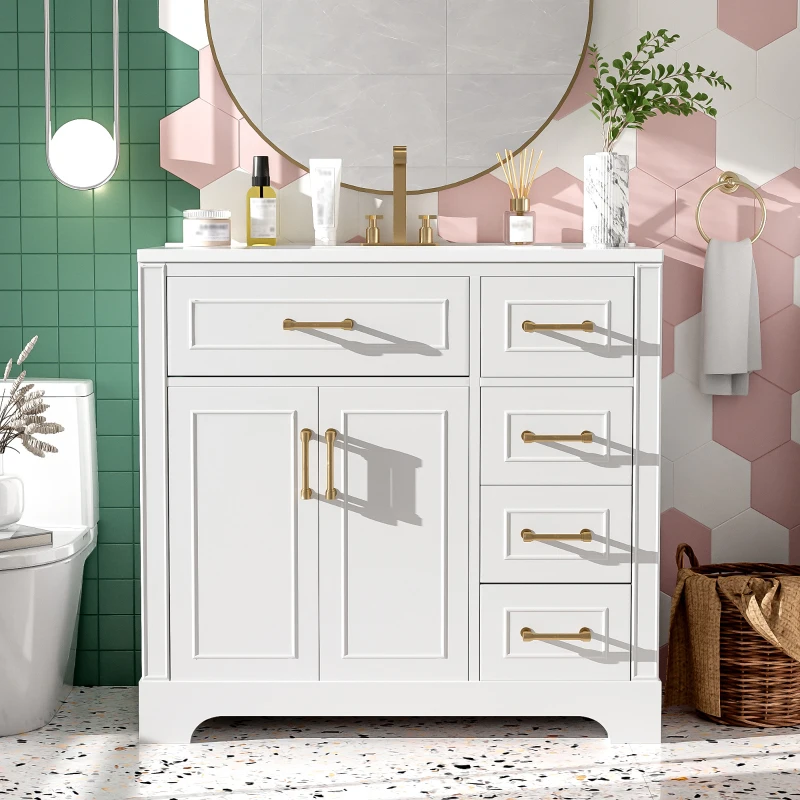 Elegant Bathroom Vanity with Ceramic Sink, Soft-Close Doors and Drawers, Cabinet with Solid Wood Frame, 36" L x 18.5" W x 34" H, White
