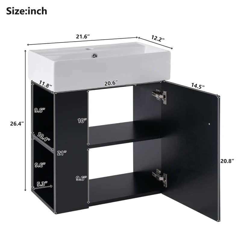 Modern Floating Bathroom Vanity with Ceramic Basin and Side Storage, Cabinet with Rose Golden Handle, 21.5" L x 12" W x 26.5" H, Black