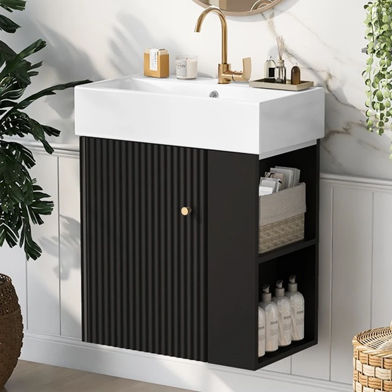 Modern Floating Bathroom Vanity with Ceramic Basin and Right Side Storage, Cabinet with Gold Handle, 21.5" L x 12" W x 26.5" H, Black+White