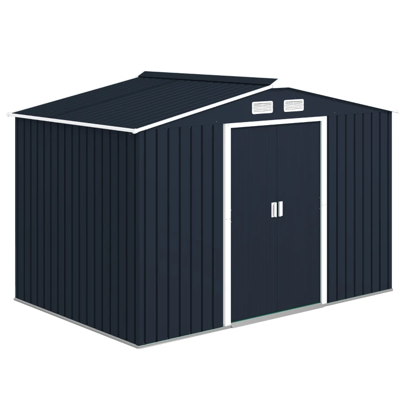 Outsunny 9.1'x6.4'x6.3' Garden Storage Shed w/ Foundation Kit Metal Tool Storage House w/ Double Doors Dark Grey