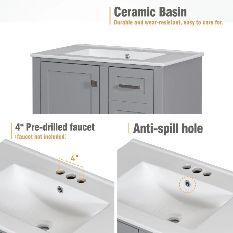 Modern Bathroom Vanity with Sink Combo, Solid Wood Frame, Ample Storage Cabinet with Soft-Close Door, 30" L x 18" W x 34" H, Grey