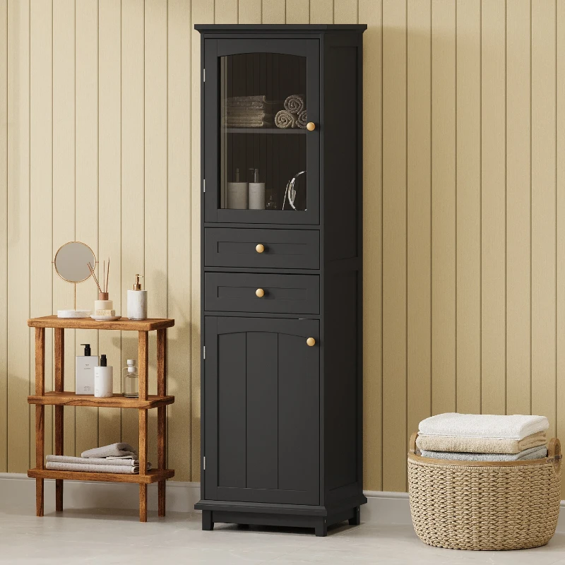 Tall Bathroom Storage Cabinet with Glass Doors, Free-Standing Design, Adjustable Shelves for Stylish Organization, 18" L x 14" W x 63" H, Black