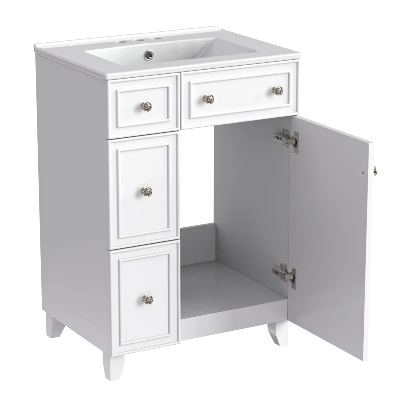 24" Bathroom Vanity Cabinet with 2 Drawers and 1 Door, Ceramic Sink, Cabinet with Solid Wood Construction, 24" L x 18.5" W x 34.5" H, White