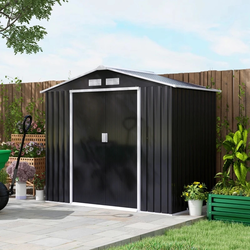 Outsunny 7' x 4' x 6' Garden Storage Shed Outdoor Patio Metal Tool Storage House w/ Foundation Kit and Double Doors Dark Grey