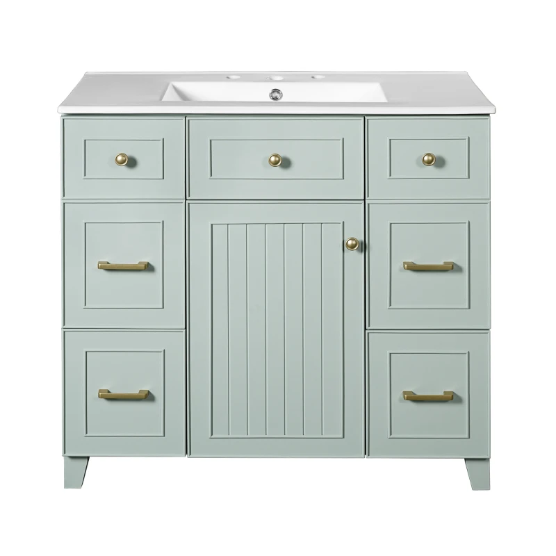 36" Bathroom Vanity with Ceramic Sink, Soft-Close Doors and Drawers, Storage Cabinet with Adjustable Shelf, 36" L x 18" W x 34" H, Green