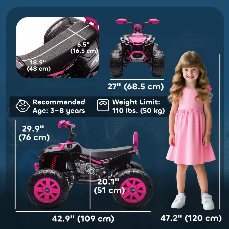 Qaba 2-Seater All-Terrain 4 Wheeler, 24V Kids ATV Ride-On, Electric Quad Car with Dual Motor, for Boys and Girls, Pink