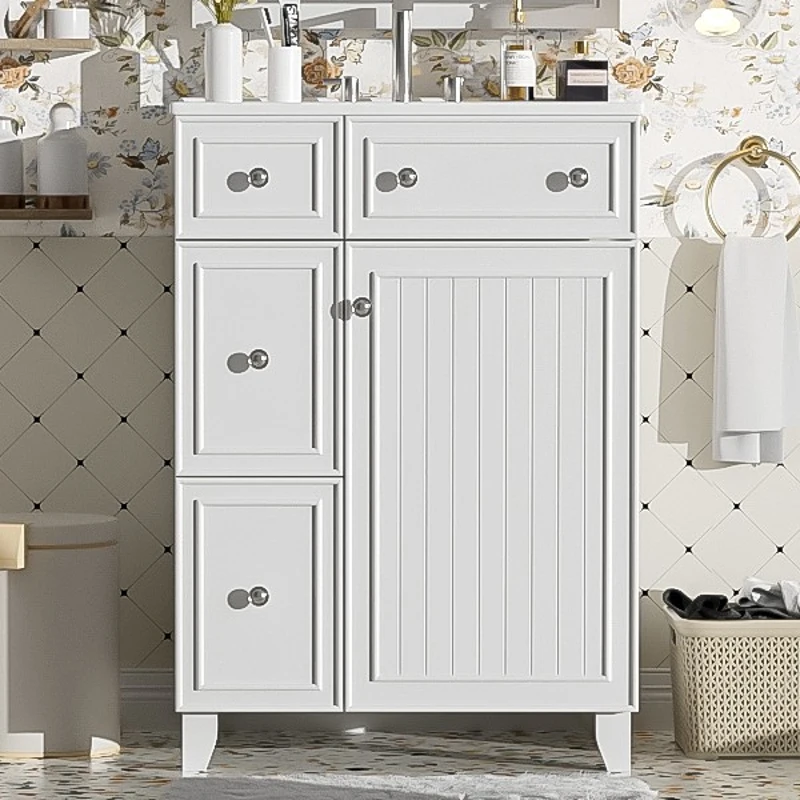 24" Bathroom Vanity Cabinet with 2 Drawers and 1 Door, Ceramic Sink, Cabinet with Solid Wood Construction, 24" L x 18.5" W x 34.5" H, White