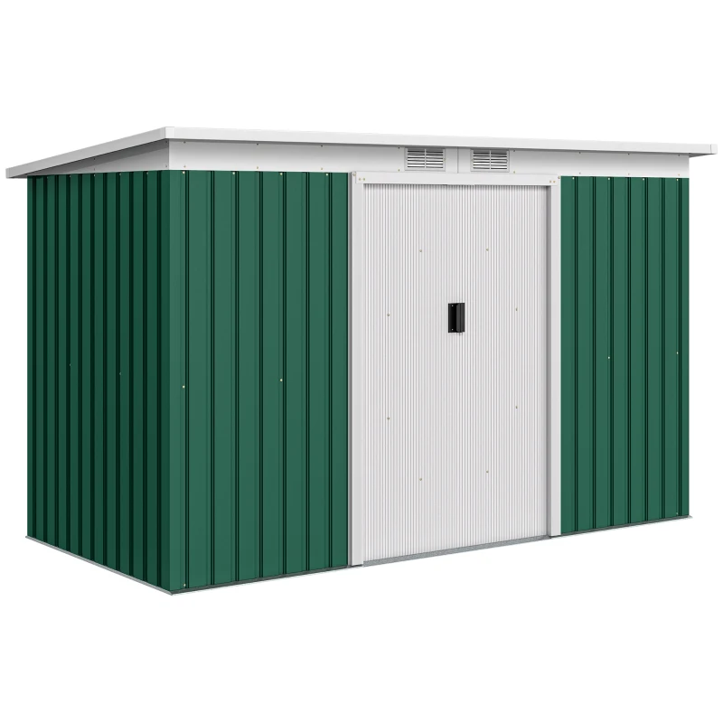Outsunny 9' x 4' Garden Tool Shed Metal Storage Shed Outdoor Equipment Tool Box with Foundation Kit, Ventilation & Doors, Dark Green