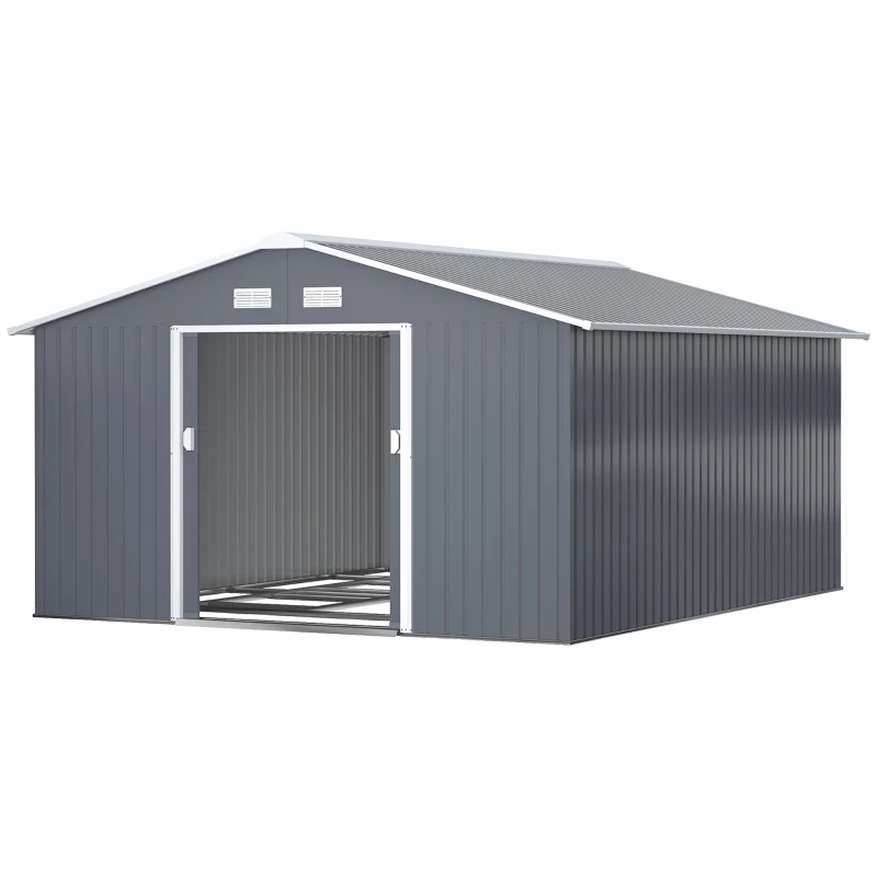 Outsunny 11.2ft x 12.5ft Practical Backyard Garden Storage Tool Shed 4 Ventilation Slots Double Sliding Door, Grey