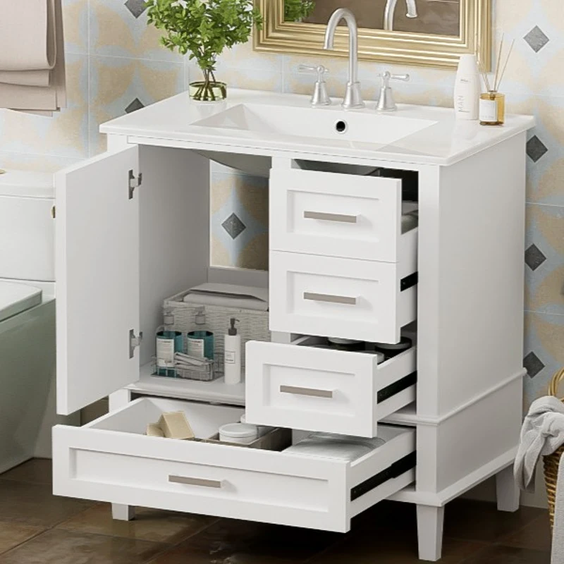 Modern Bathroom Vanity with Sink Combo, Solid Wood Frame, Cabinet with Soft-Close Door and 3 Drawers, 30" L x 18" W x 34" H, White