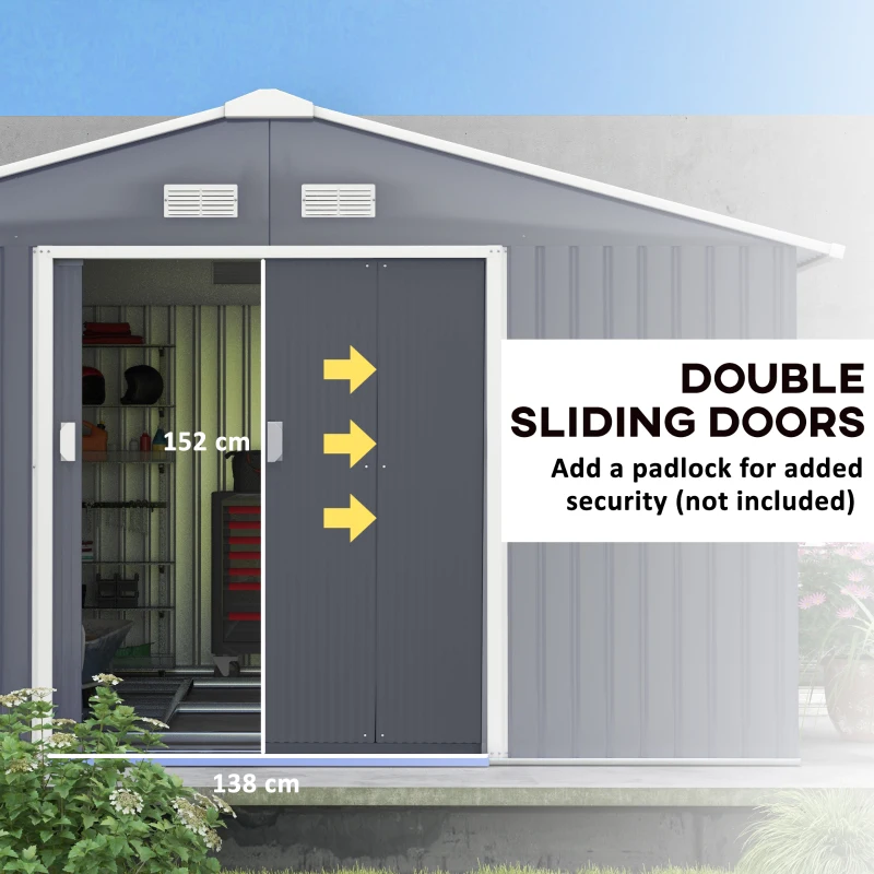 Outsunny 11.2ft x 12.5ft Practical Backyard Garden Storage Tool Shed 4 Ventilation Slots Double Sliding Door, Grey