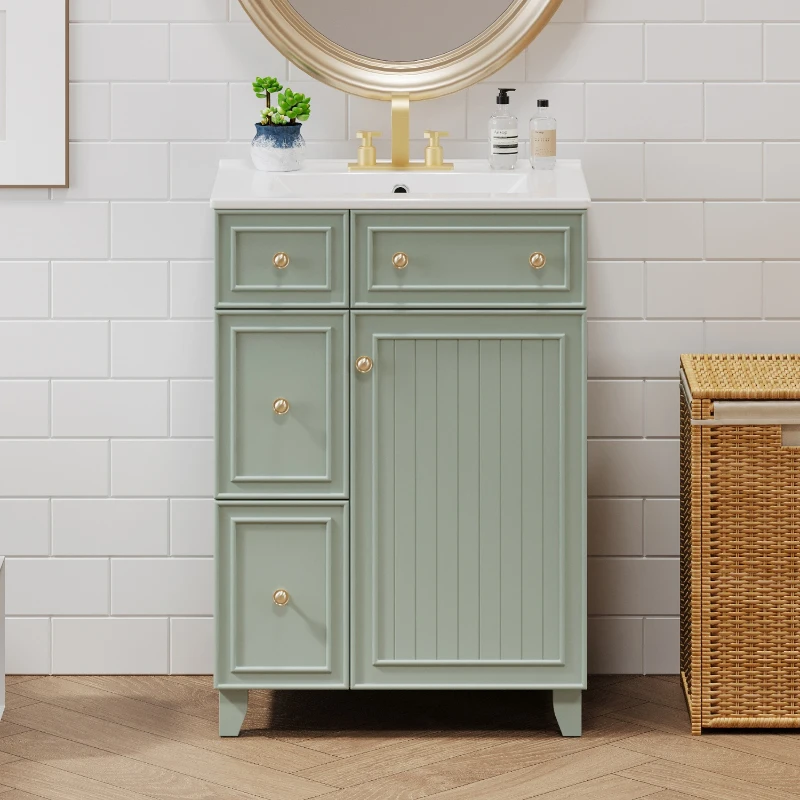24" Bathroom Vanity with 4 Drawers and 1 Door, Ceramic Sink, Cabinet with Solid Wood Construction, 24" L x 18.5" W x 34.5" H, Green+White