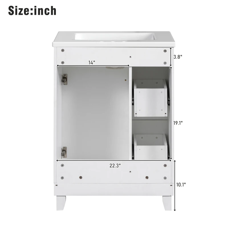24" Bathroom Vanity Cabinet with 2 Drawers and 1 Door, Ceramic Sink, Cabinet with Solid Wood Construction, 24" L x 18.5" W x 34.5" H, White