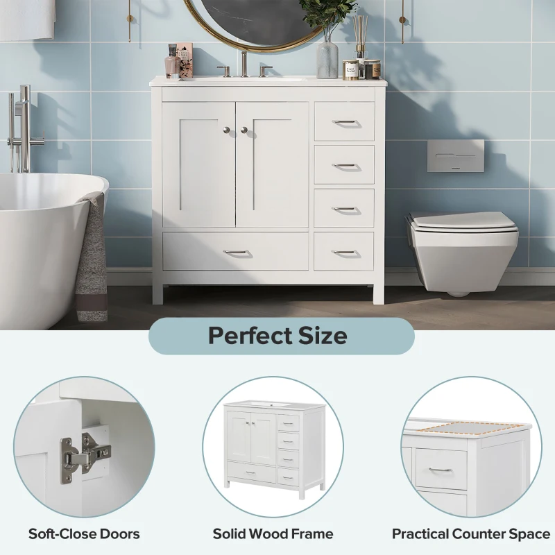 36" Bathroom Vanity with Ceramic Sink, 2 Soft-Close Doors and 5 Drawers, Cabinet with Free-Standing Design, 36" L x 18" W x 34" H, White