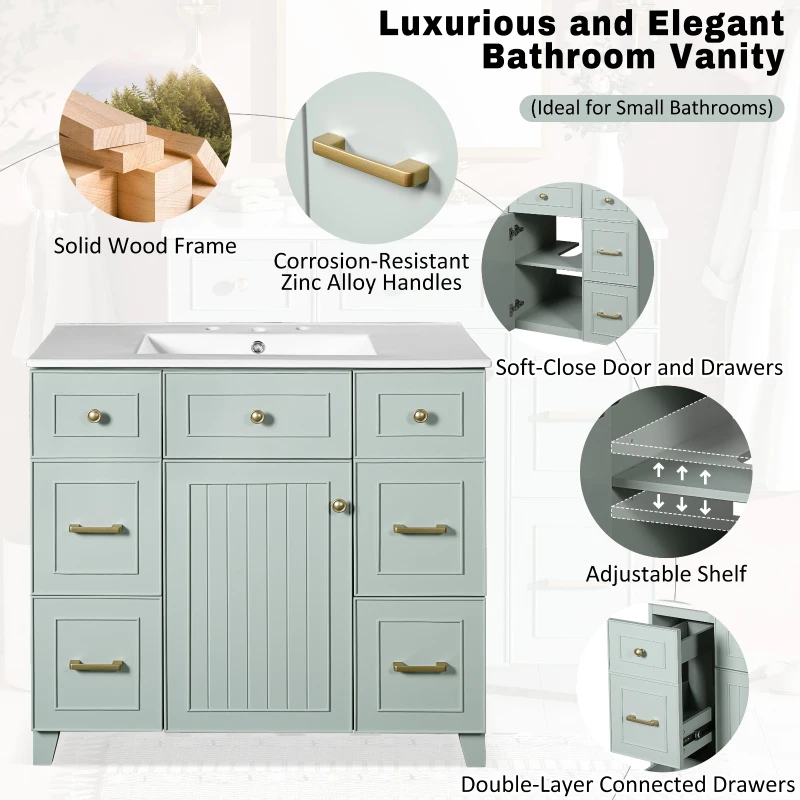 36" Bathroom Vanity with Ceramic Sink, Soft-Close Doors and Drawers, Storage Cabinet with Adjustable Shelf, 36" L x 18" W x 34" H, Green