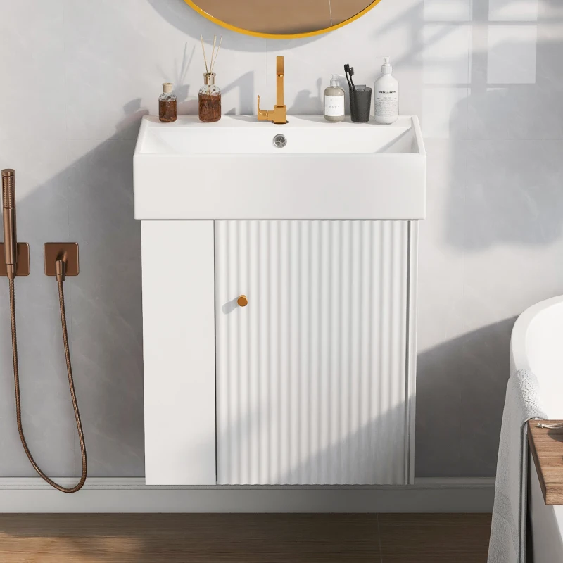 Modern Floating Bathroom Vanity with Ceramic Basin and Side Storage, Cabinet with Rose Gold Handle, 21.5" L x 12" W x 26.5" H, White