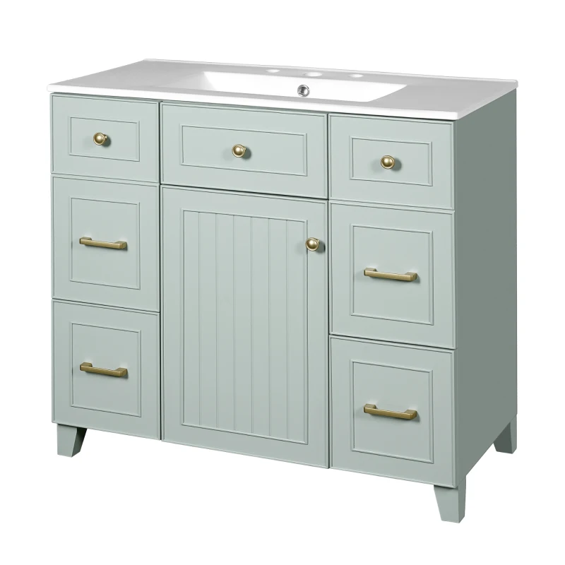 36" Bathroom Vanity with Ceramic Sink, Soft-Close Doors and Drawers, Storage Cabinet with Adjustable Shelf, 36" L x 18" W x 34" H, Green