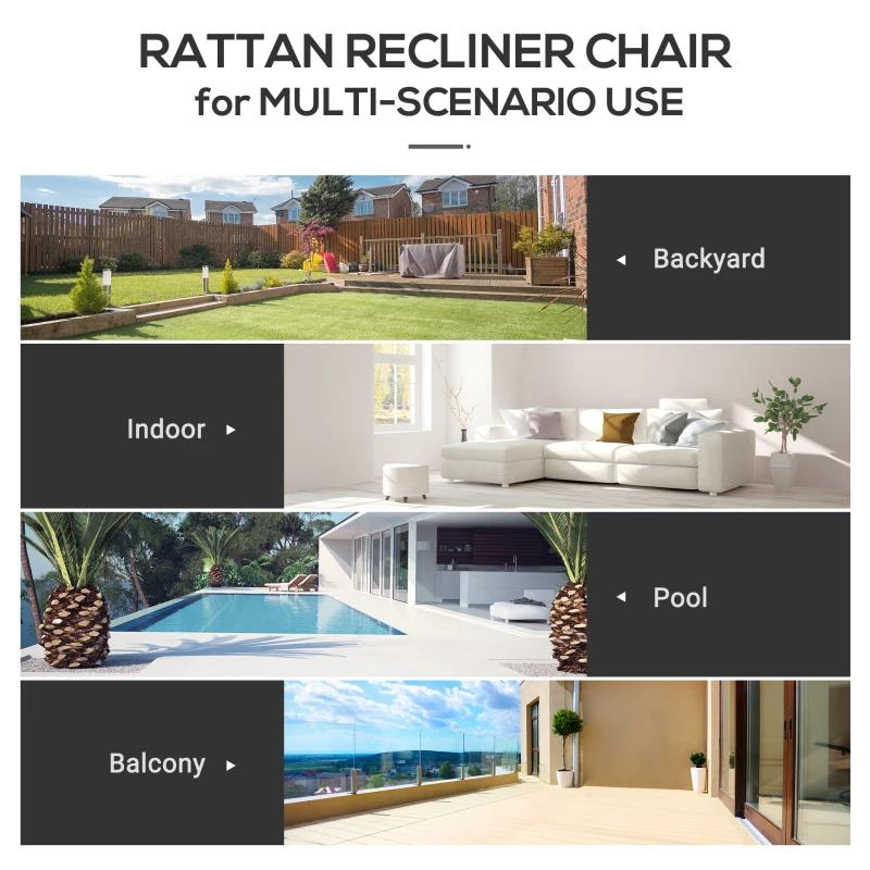 Outsunny Outdoor Recliner Chair, Reclining Patio Lounge Chair with Comfy Cushions, Footrest, Armrests, PE Wicker for Balcony, Porch, Dark Brown, Cream White