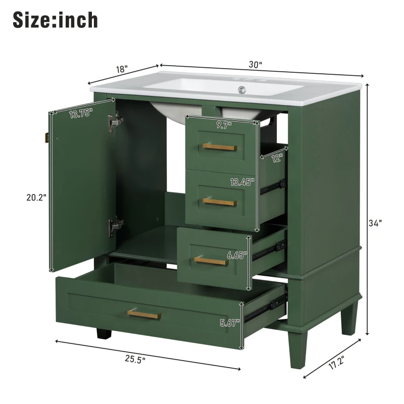 Modern Bathroom Vanity with 3 Drawers, Soft Close Door, Sink Combo, Storage Cabinet with Wood Frame, 30" L x 18" W x 34" H, Green+White