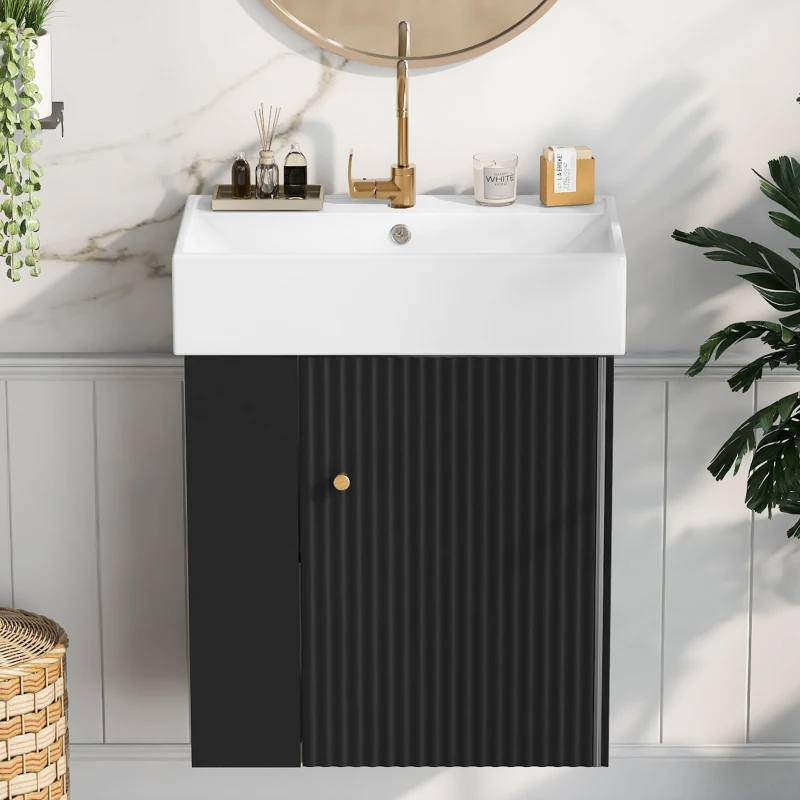 Modern Floating Bathroom Vanity with Ceramic Basin and Side Storage, Cabinet with Rose Golden Handle, 21.5" L x 12" W x 26.5" H, Black