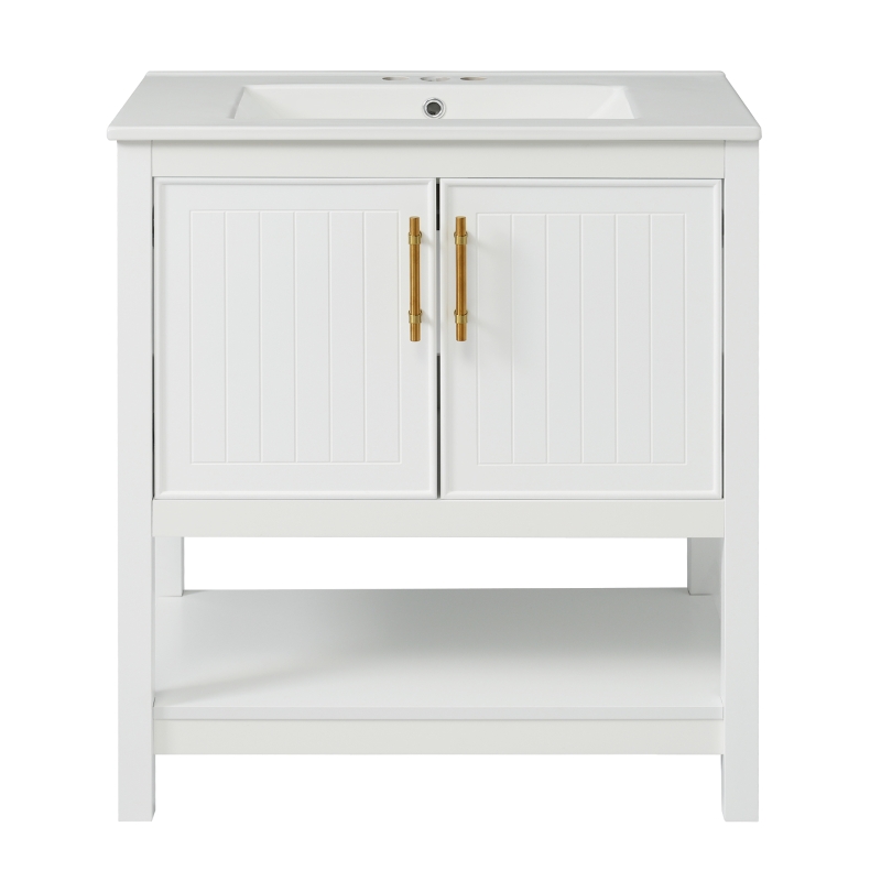 30" Bathroom Vanity with Ceramic Sink, Ample Storage, Gold Handles and Soft Close Doors for Small Bathrooms, 30" L x 18.5" W x 34" H, White