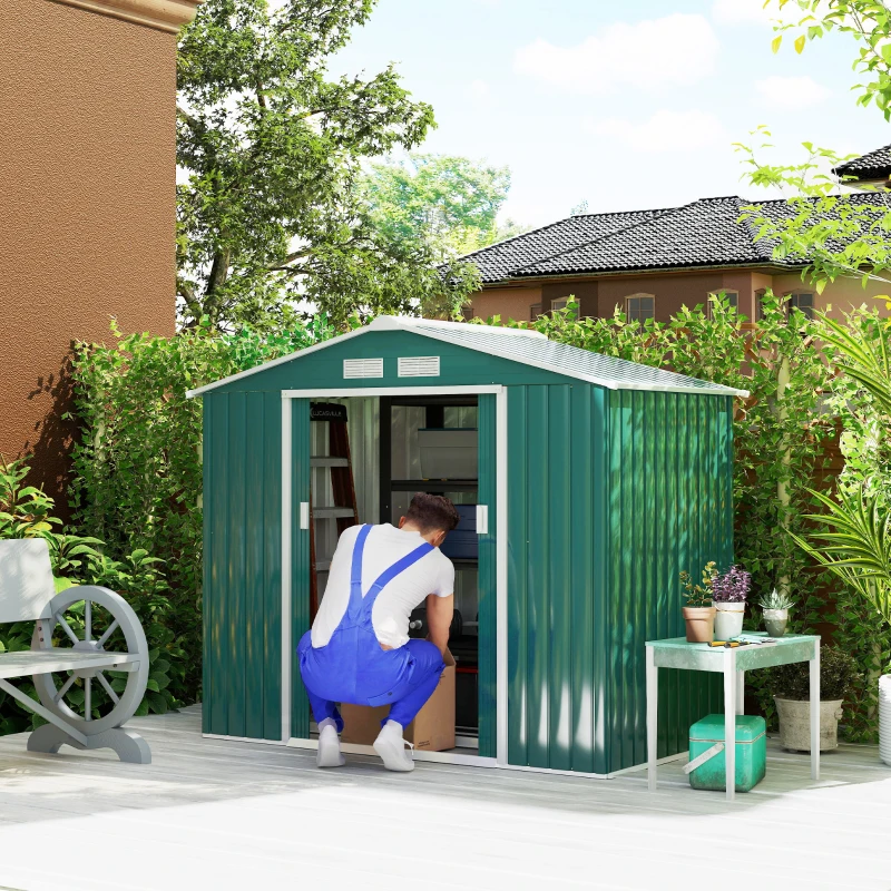 Outsunny 7' x 4' x 6' Garden Storage Shed Outdoor Patio Metal Tool Storage House w/ Foundation Kit and Double Doors Green