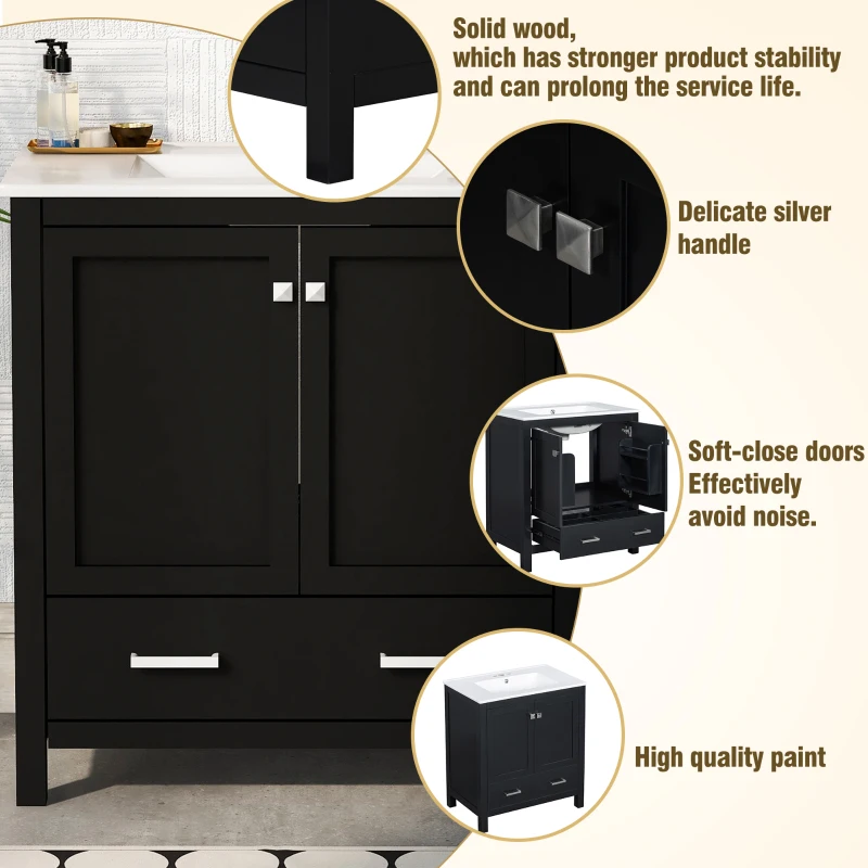 30" Bathroom Vanity with Single Undermount Sink, Cabinet with Soft-Close Doors and Versatile Storage, 30" L x 18.5" W x 34" H, Black+White