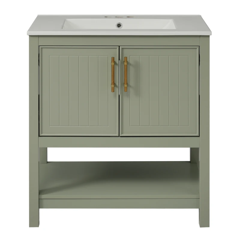 30" Bathroom Vanity with Ceramic Sink, Ample Storage, Soft Close Doors, Cabinet with Solid Wood frame, 30" L x 18.5" W x 34" H, Green+White