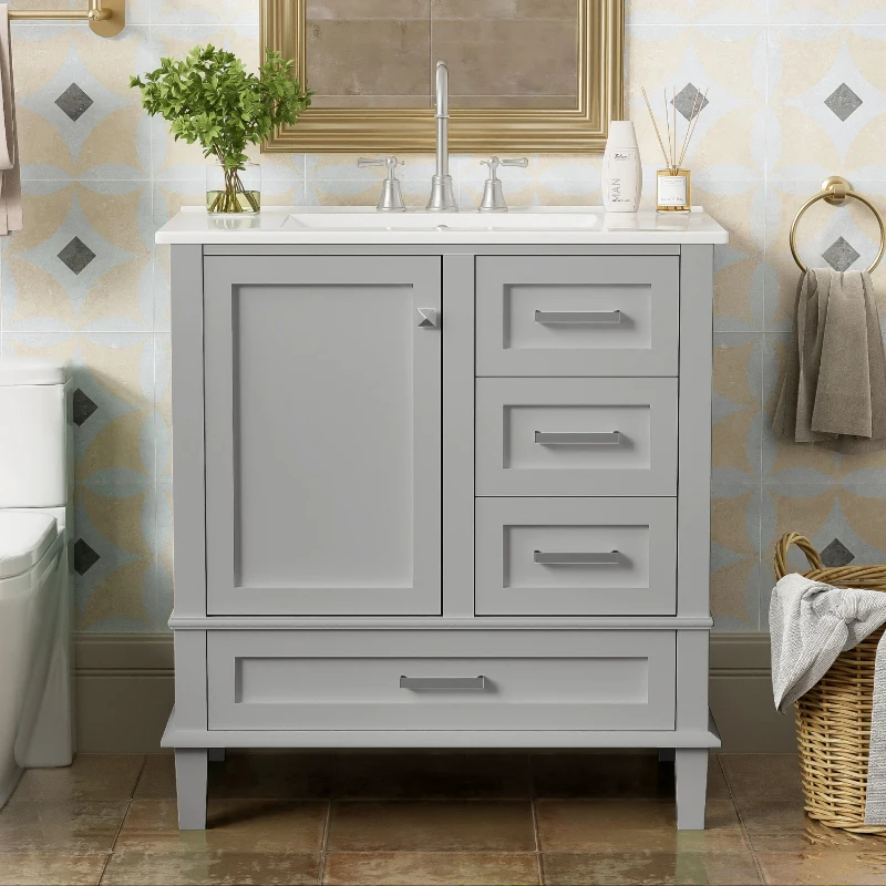 Modern Bathroom Vanity with Sink Combo, Solid Wood Frame, Ample Storage Cabinet with Soft-Close Door, 30" L x 18" W x 34" H, Grey