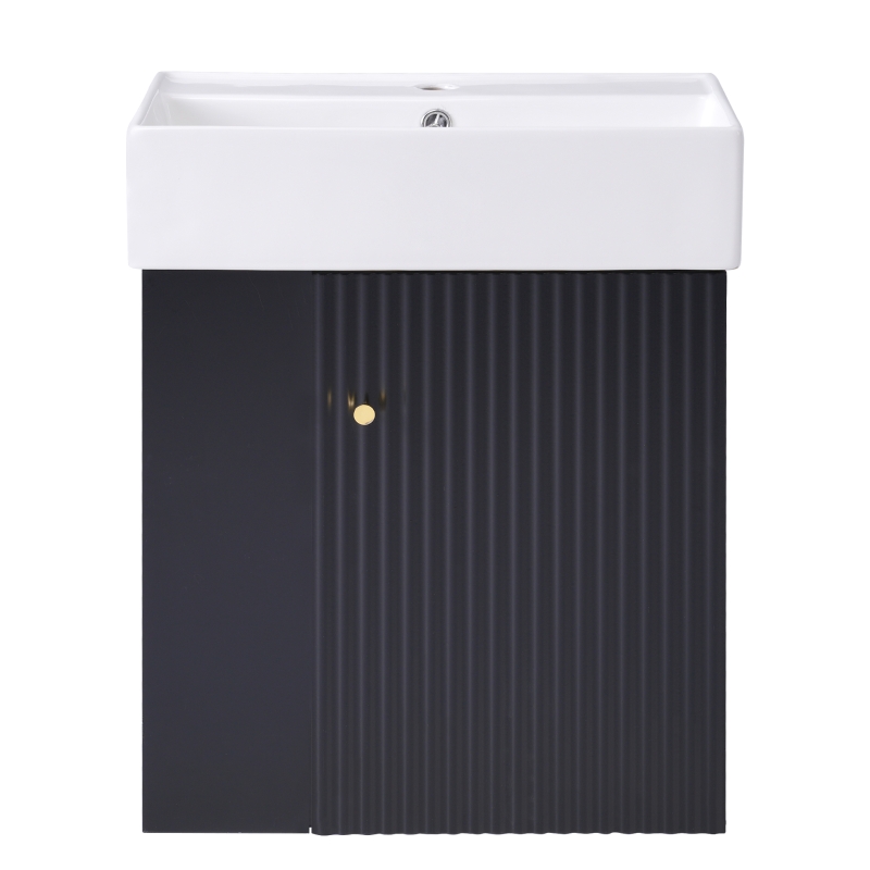 Modern Floating Bathroom Vanity with Ceramic Basin and Side Storage, Cabinet with Rose Golden Handle, 21.5" L x 12" W x 26.5" H, Black