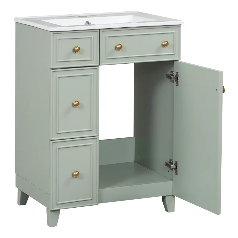 24" Bathroom Vanity with 4 Drawers and 1 Door, Ceramic Sink, Cabinet with Solid Wood Construction, 24" L x 18.5" W x 34.5" H, Green+White