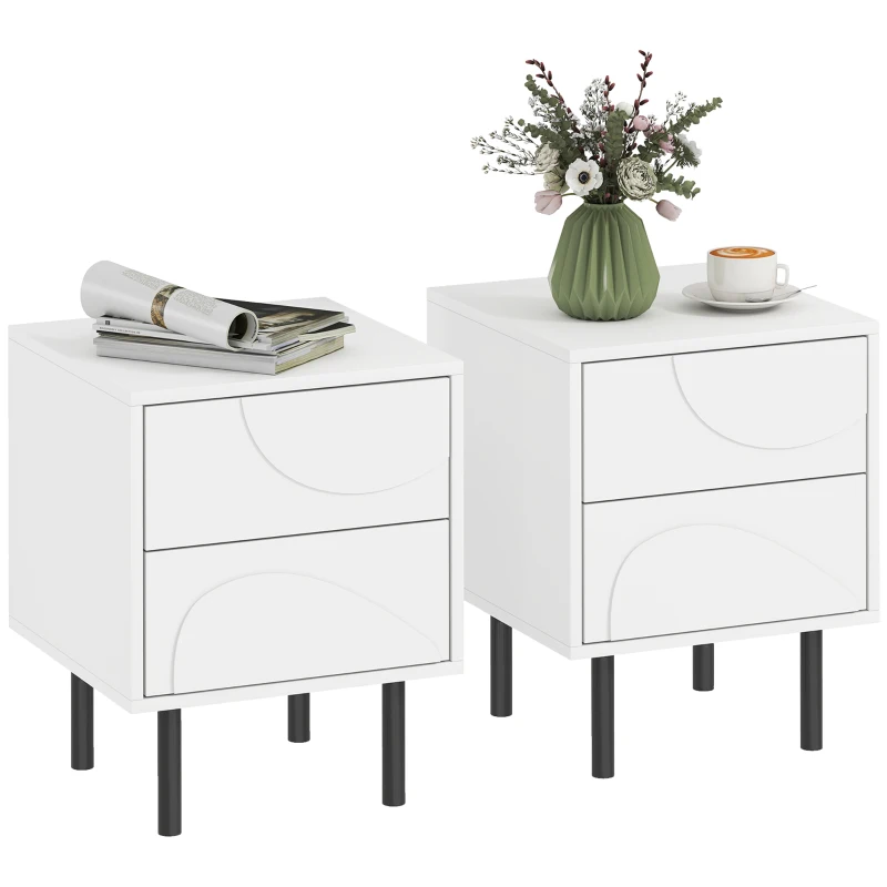 HOMCOM Nightstand Set of 2, Modern Bedside End Table with Push-to-Open Drawers and Steel Legs for Living Room, Bedroom, White