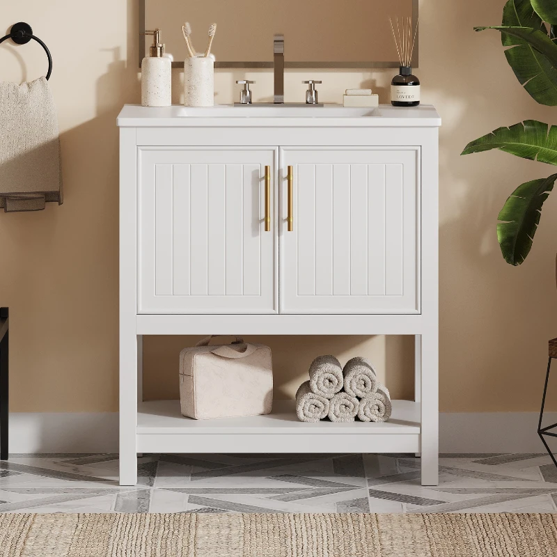 30" Bathroom Vanity with Ceramic Sink, Ample Storage, Gold Handles and Soft Close Doors for Small Bathrooms, 30" L x 18.5" W x 34" H, White