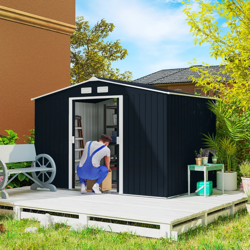 Outsunny 9.1'x6.4'x6.3' Garden Storage Shed w/ Foundation Kit Metal Tool Storage House w/ Double Doors Dark Grey