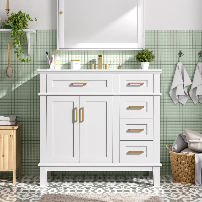 Modern Bathroom Vanity with Ceramic Sink, Soft Close Doors, Space-Saving Design and 4 Drawers for Storage, 36" L x 18.5" W x 35" H, White