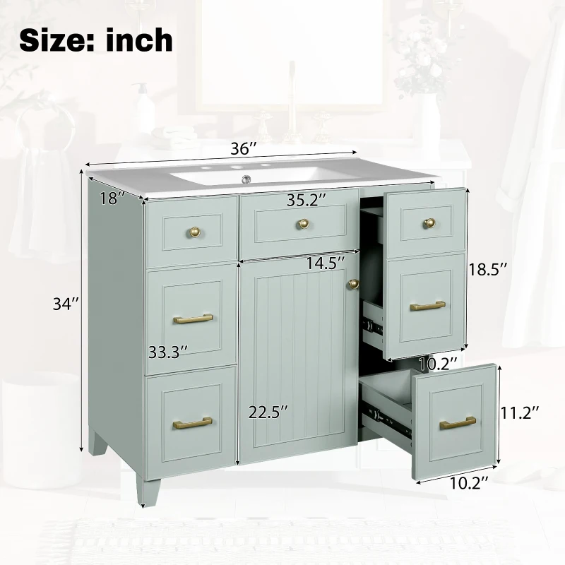 36" Bathroom Vanity with Ceramic Sink, Soft-Close Doors and Drawers, Storage Cabinet with Adjustable Shelf, 36" L x 18" W x 34" H, Green