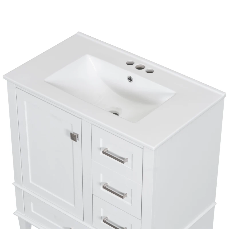 Modern Bathroom Vanity with Sink Combo, Solid Wood Frame, Cabinet with Soft-Close Door and 3 Drawers, 30" L x 18" W x 34" H, White