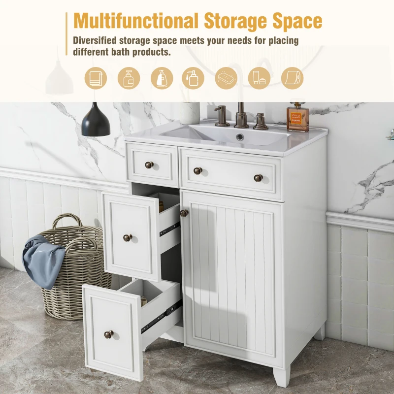 24" Bathroom Vanity Cabinet with 2 Drawers and 1 Door, Ceramic Sink, Cabinet with Solid Wood Construction, 24" L x 18.5" W x 34.5" H, White