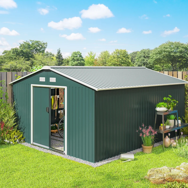 Outsunny 11' x 13' Practical Backyard Garden Storage Tool Shed with Double Sliding Door Garden Tool Shed with 4 Ventilation Slots, Green