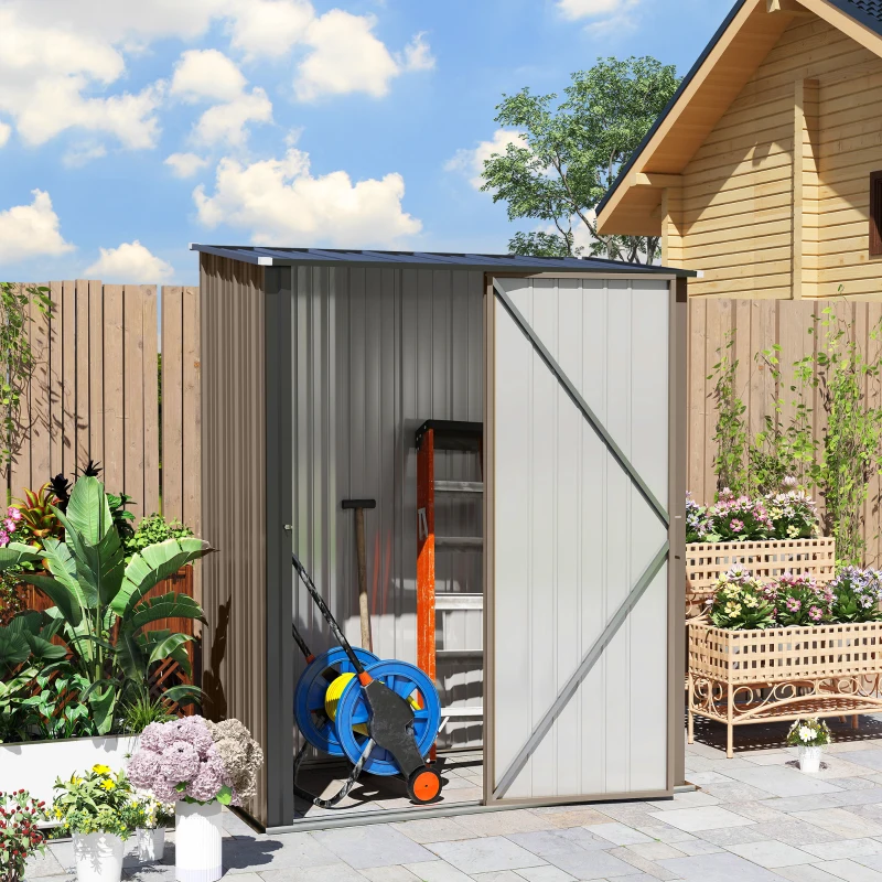 Outsunny 5' x 3' Outdoor Storage Shed, Steel Garden Shed with Single Lockable Door, Tool Storage Shed for Backyard, Brown
