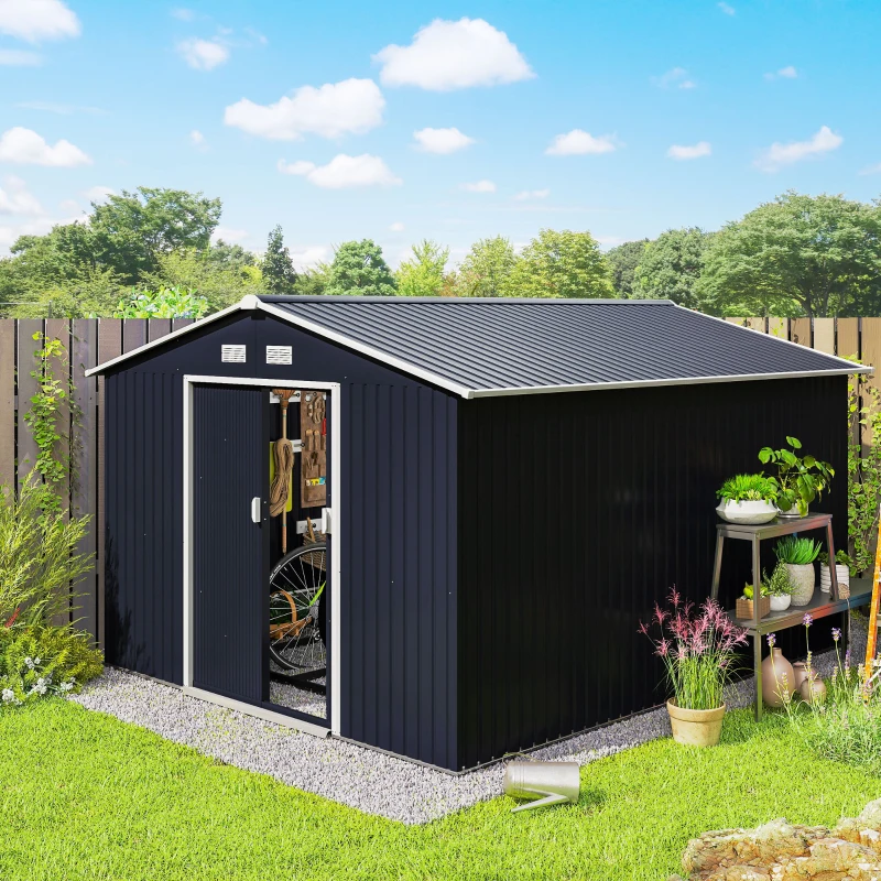 Outsunny 11' x 9' Metal Storage Shed Garden Tool House with Double Sliding Doors, 4 Air Vents for Backyard, Patio, Lawn Dark Grey