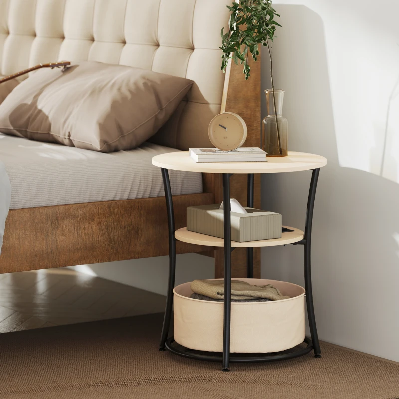 HOMCOM Round Side Table with Charging Station, 3-Tier End Table with Fabric Storage Bag and Shelf, Natural Wood