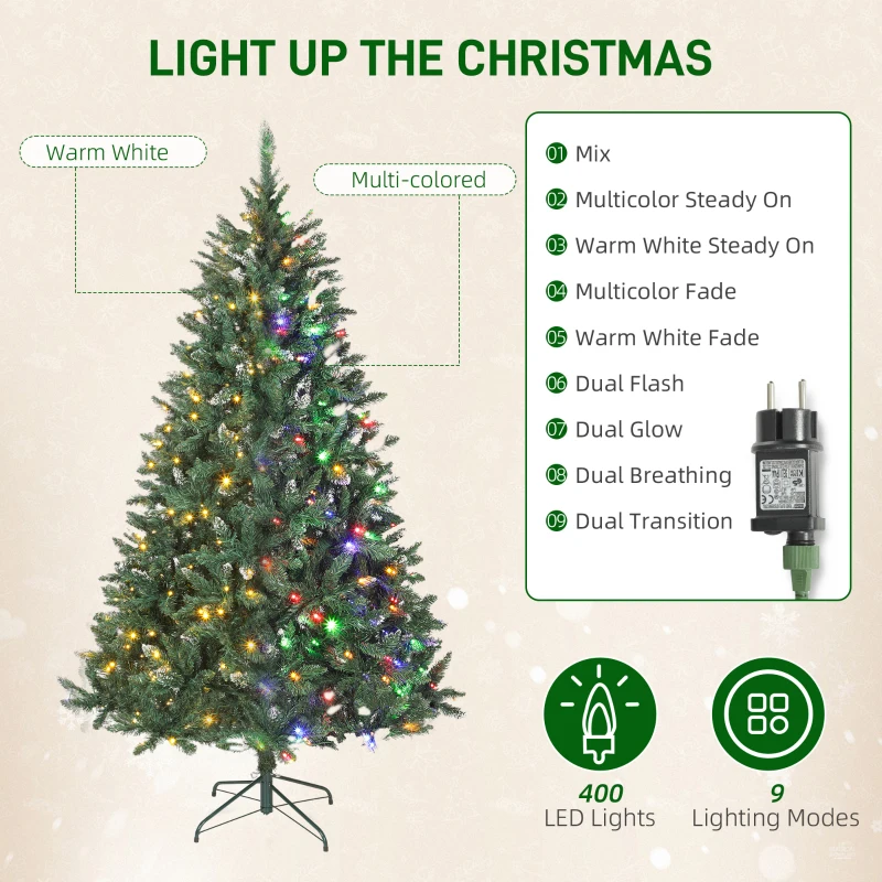 HOMCOM 7 ft Frosted Prelit Christmas Tree, Full Spruce Xmas Tree with Dual Colour LED Light, Hinged Xmas Tree, Easy Assembly