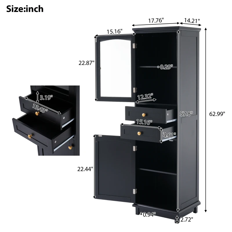 Tall Bathroom Storage Cabinet with Glass Doors, Free-Standing Design, Adjustable Shelves for Stylish Organization, 18" L x 14" W x 63" H, Black