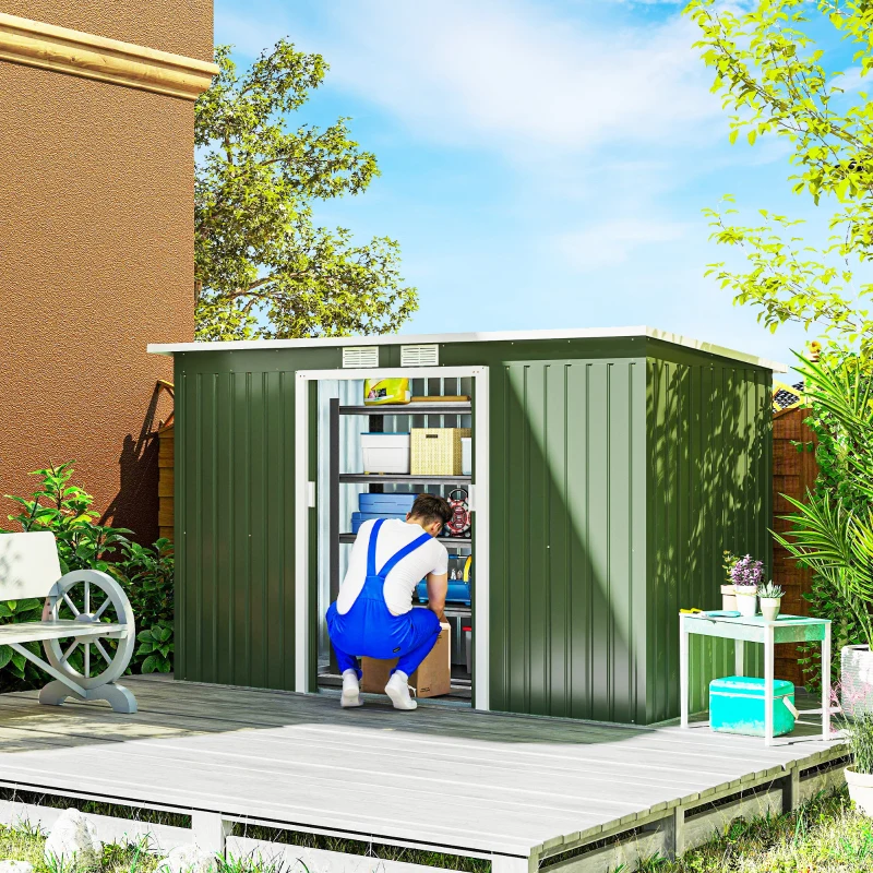 Outsunny 9' x 4' Garden Metal Storage Shed Outdoor Equipment Tool Box with Foundation Kit, Ventilation & Doors, Light Green