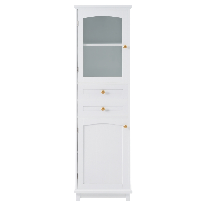 Tall Bathroom Storage Cabinet with Glass Doors, Free-Standing with Adjustable Shelves and Drawers, 18" L x 14" W x 63" H, White