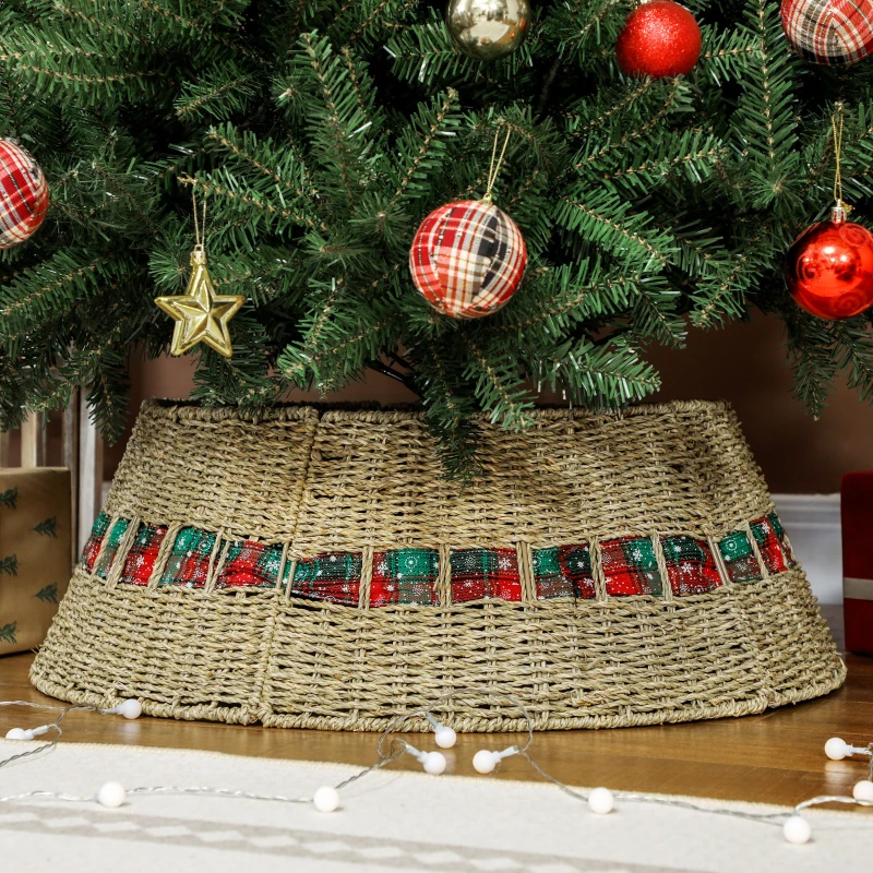 HOMCOM 28 inch Rustic Christmas Tree Skirt, Rattan Woven Christmas Tree Collar for Party, Holiday, Home Decoration, Natural
