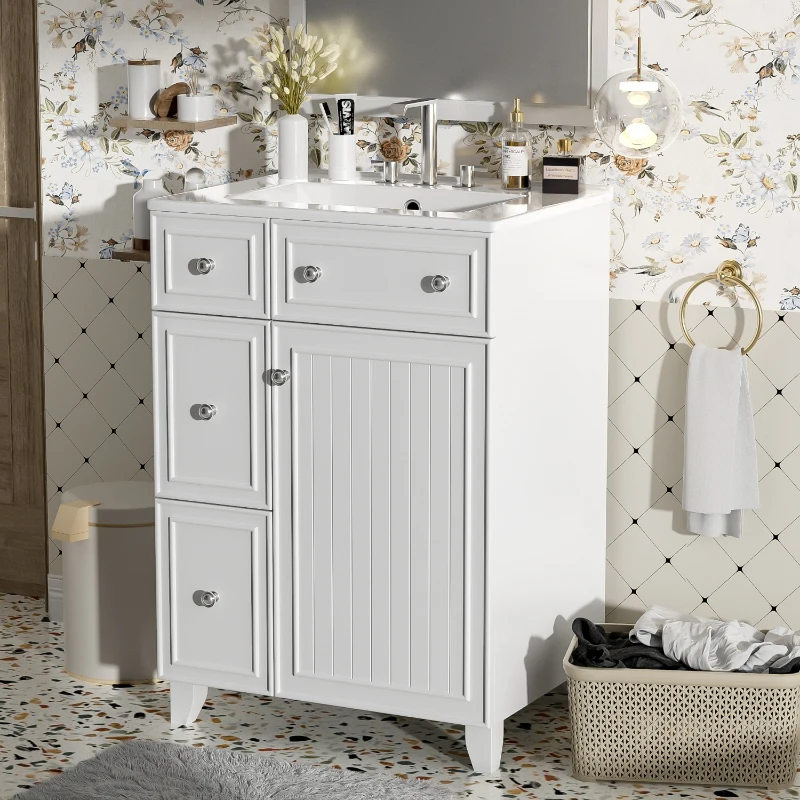 24" Bathroom Vanity Cabinet with 2 Drawers and 1 Door, Ceramic Sink, Cabinet with Solid Wood Construction, 24" L x 18.5" W x 34.5" H, White